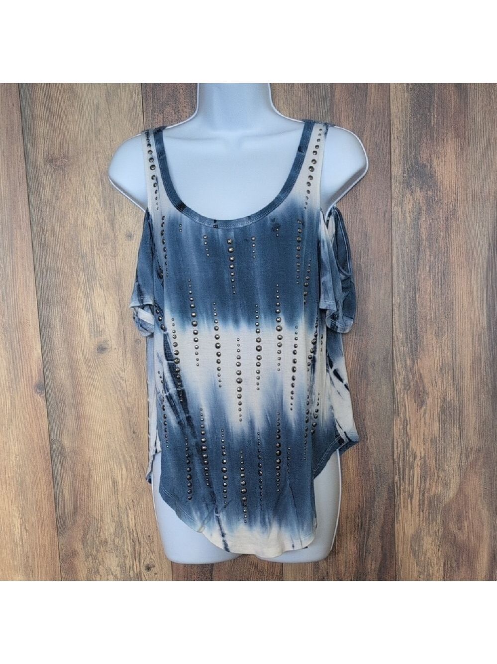 K Jordan Navy/White Tie Dye Studded Cold Shoulder Top M